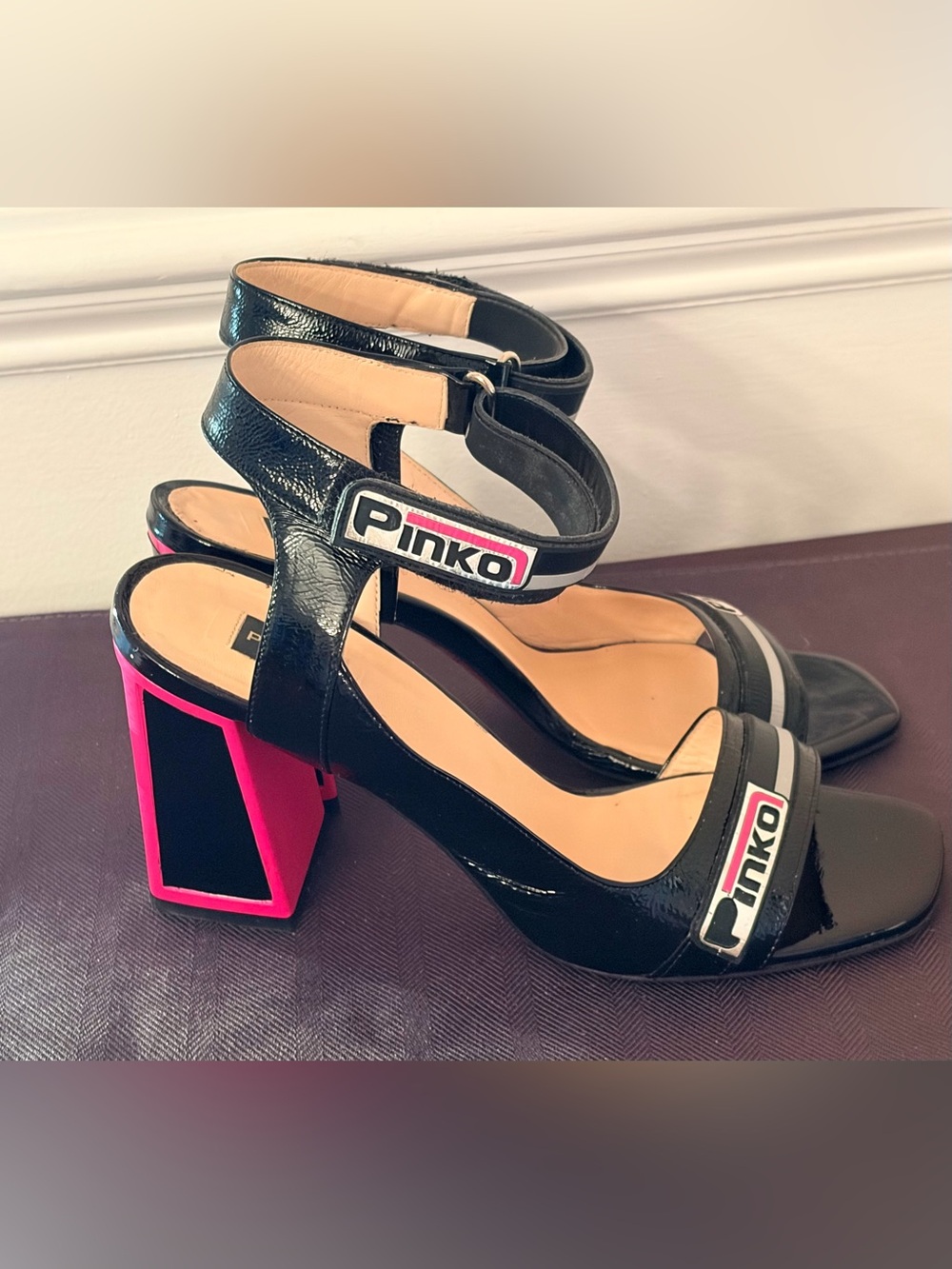 PINKO RAME Patent Leather Block High Heels In Fuchsia And Black Womens EU 39 - Picture 6 of 15
